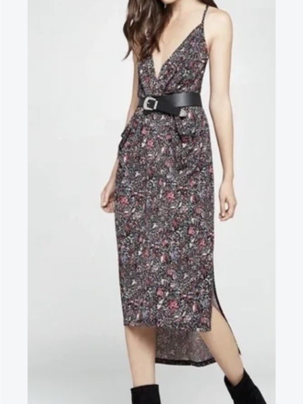 BCBG Black Floral V-Neck Spaghetti Strap Midi Dress feminine floral big pockets